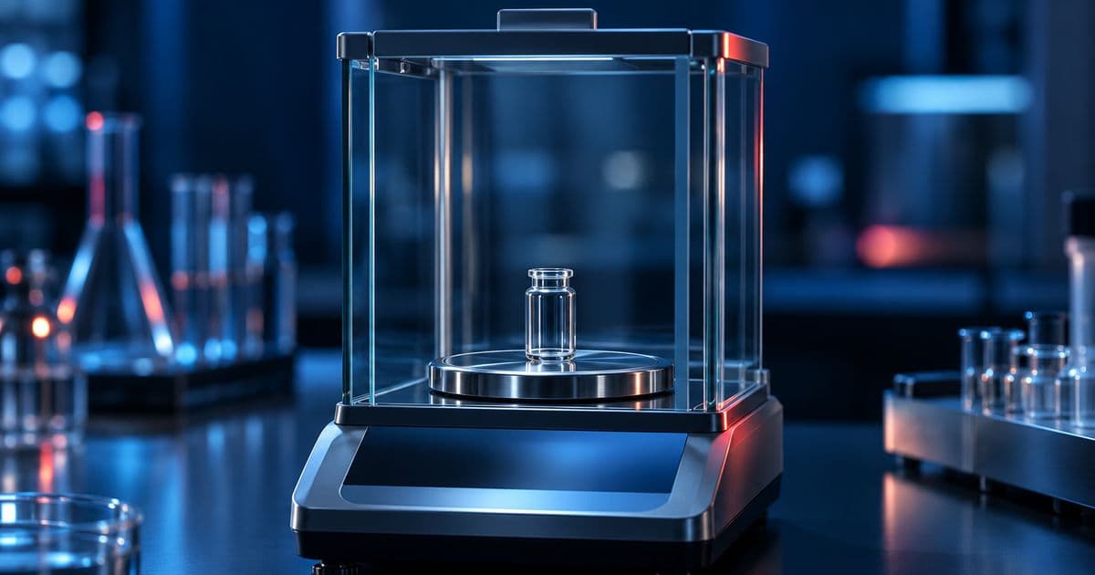 A precision laboratory balance with a glass draft shield and an empty vial on the pan in cool blue light.