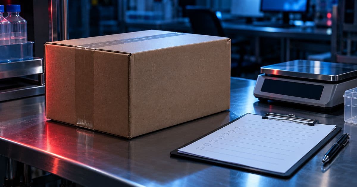 A sealed plain cardboard shipping carton on a steel receiving bench in a quiet laboratory, with a blank clipboard beside it.