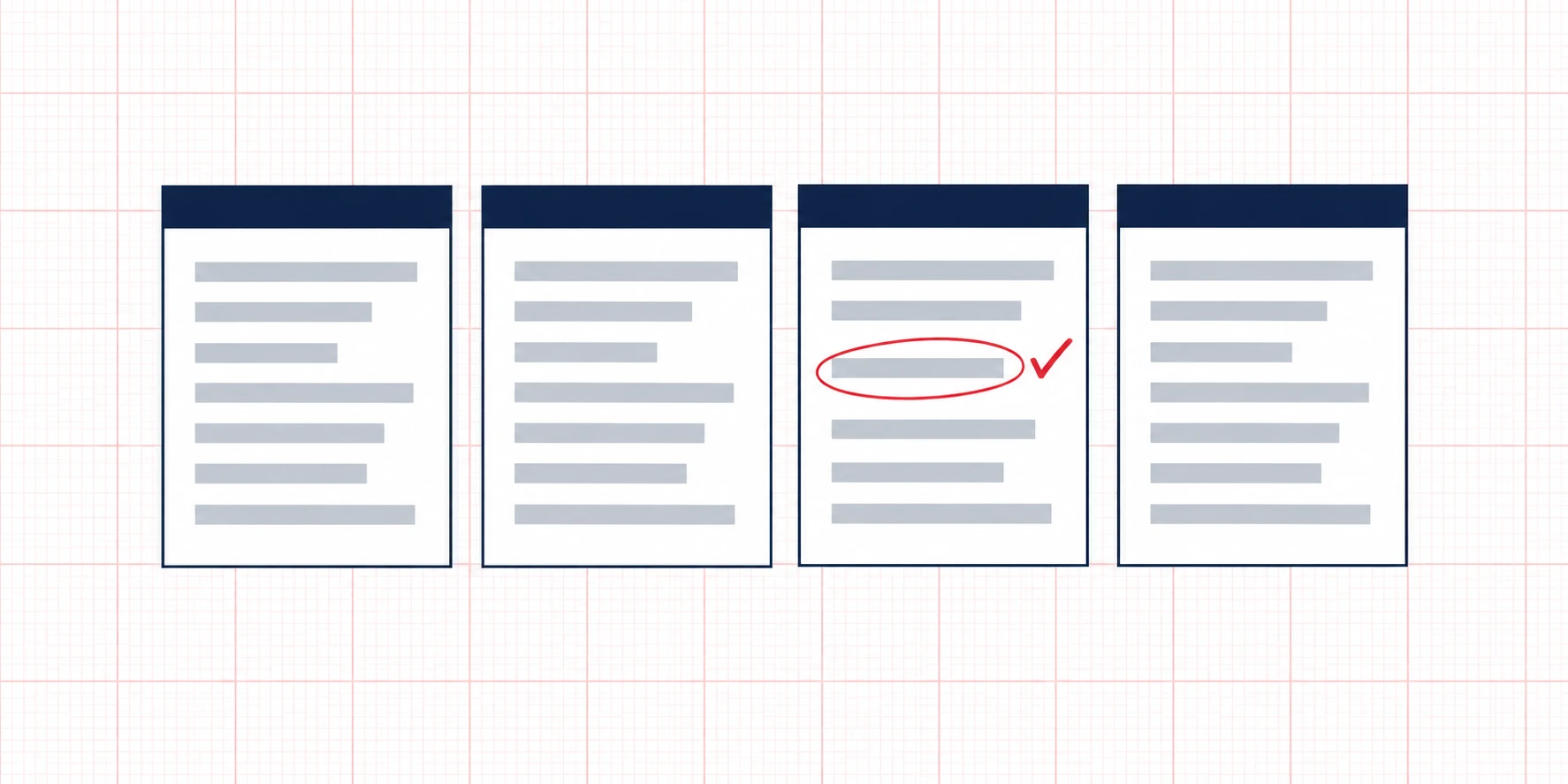 Four blank certificate pages side by side on graph paper, with one line on the third page circled in red and checked.